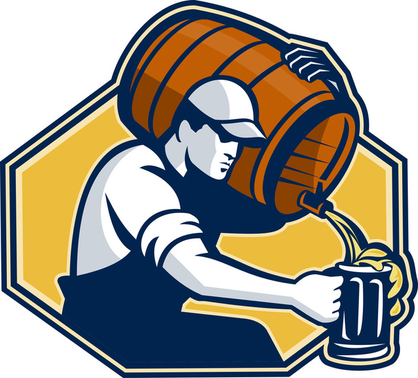 Barkeeper-Arbeiter schüttet Bier vom Fass in den Becher - Vektor, Bild