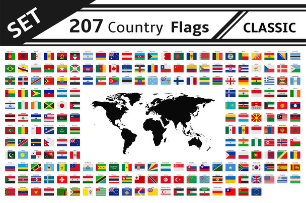 набор флагов 207 стран и карта мира
 - Вектор,изображение