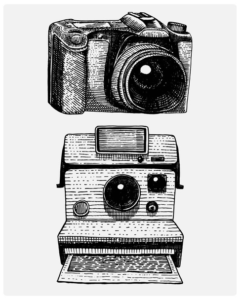 instant and modern Photo camera vintage, engraved hand drawn in sketch or wood cut style, old looking retro lens, isolated vector realistic illustration - Vector, Image