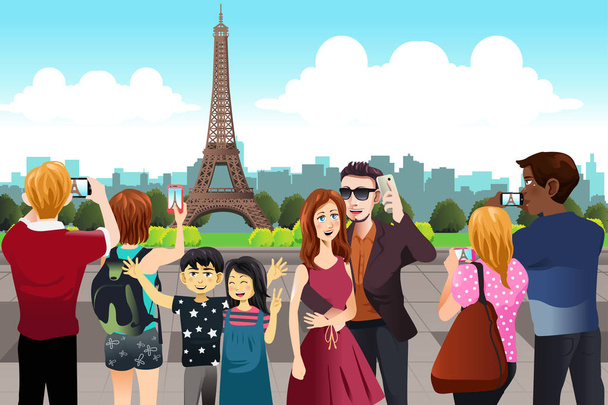 Touristen fotografieren in der Nähe des Eiffelturms - Vektor, Bild