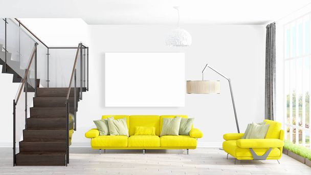 Modern bright interior with empty frame . 3D rendering - Fotografie, Obrázek
