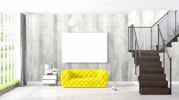Modern bright interior with empty frame . 3D rendering - Фото, изображение