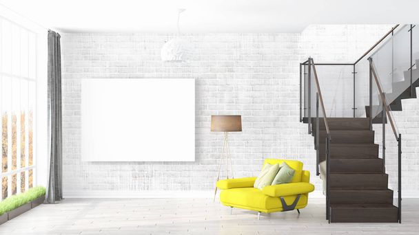 Modern bright interior with empty frame . 3D rendering - Foto, immagini
