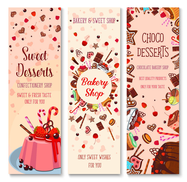 Bakery shop pies and pastry cakes vector banners - Vektori, kuva