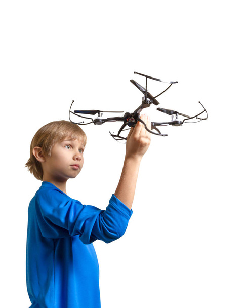 Little kid with drone isolated on white - Φωτογραφία, εικόνα