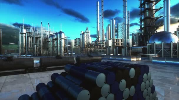 Barriles de petróleo cerca de la planta de gasolina, refinería. Animación realista cinemática 4k
. - Metraje, vídeo