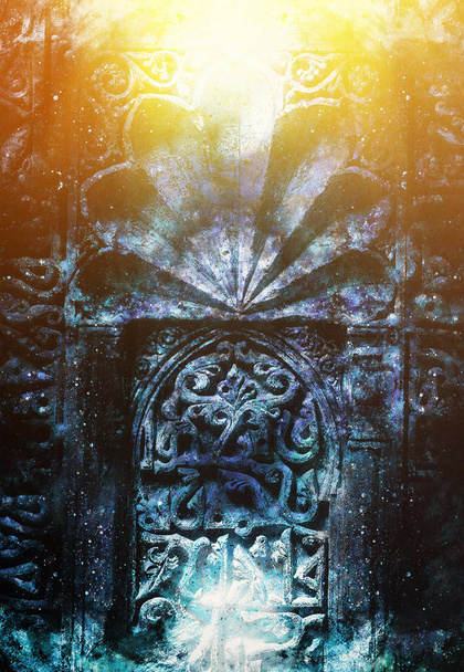 de portal ingang poort met decoratieve structuur in kosmische omgeving. - Foto, afbeelding