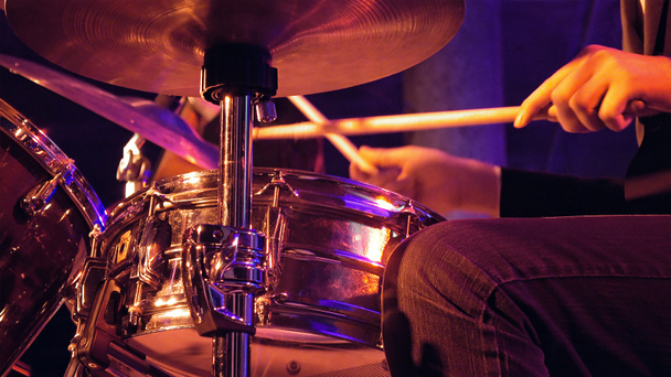 Drummer plays on drum set and cymbal - Photo, Image