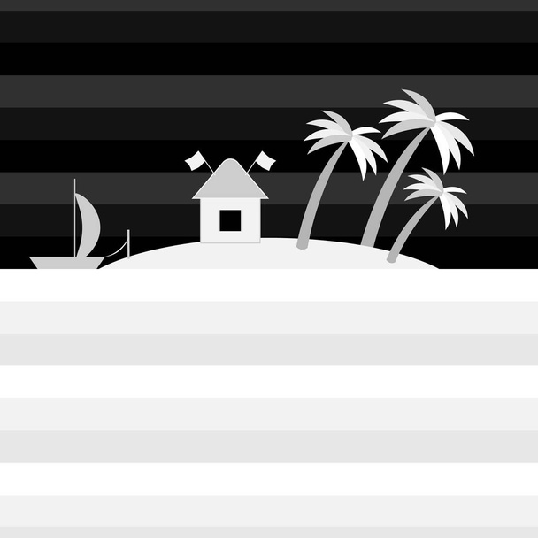 Okyanusta tek renkli ev, tekne ve palmiye ağaçlarıyla tropik bir ada. Rahatlatıcı gece manzarası. Yelkenli ve kulübesi olan bir tekne. Tatil köyünde dinlen. Vektör çizimi. Düz biçim. - Vektör, Görsel