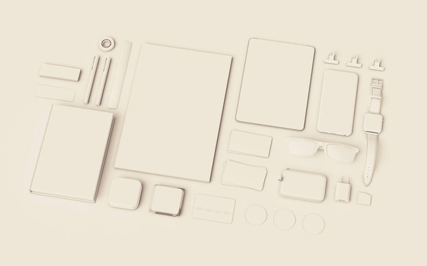 White Stationery & Branding Mockup . Office supplies, Gadgets. 3D illustration - Foto, Imagem