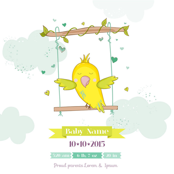 Cute Parrot Swinging. Baby Shower or Arrival Card in vector - Vektör, Görsel