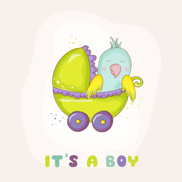 Cute Newborn Parrot Riding in a Carriage. Baby Shower or Arrival Card in vector - Vektori, kuva