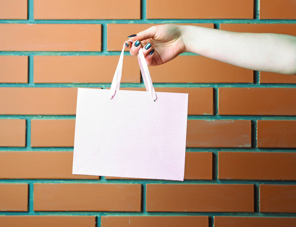 light pink shopping bag in female hand on brick wall - Photo, image