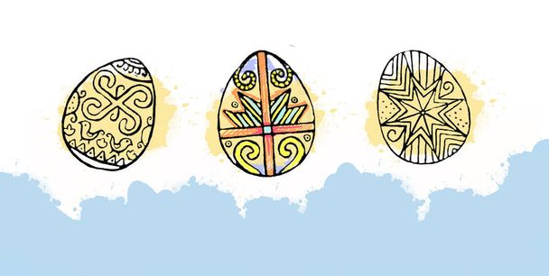 Huevos coloridos de Pascua con hermoso patrón abstracto de color. Aislado sobre fondo blanco - ilustración gráfica. Huevos de Pascua ornamentales
. - Foto, Imagen
