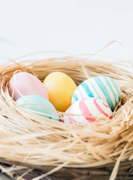 Colorful Easter Eggs isolated on the white background with nest and wreath. Selective focus. - Valokuva, kuva