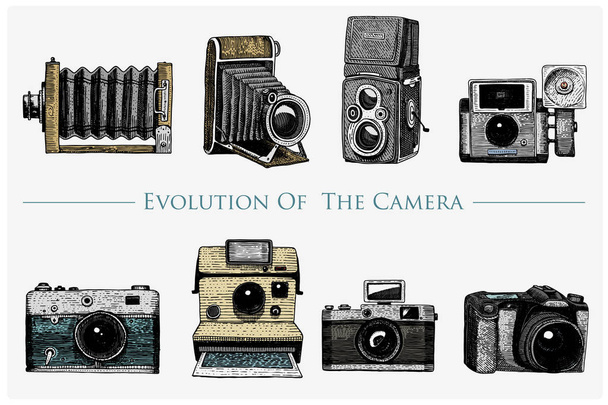 vývoj fotografie, video, film, filmová kamera od první až do teď vintage, ryté ručně kreslené skici nebo dřevo řezat styl, staré, retro objektivu, při pohledu samostatný vektorové realistické ilustrace - Vektor, obrázek
