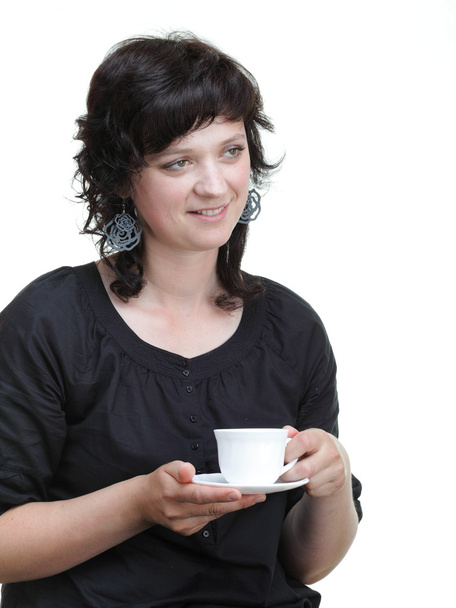 woman holding a cup, isolated - Photo, Image