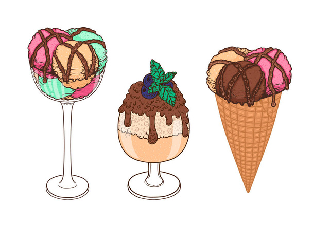Set of hand drawn ice cream with waffle cone, cup, tall glass, chocolatte - Vektori, kuva