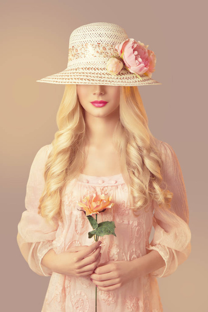 Woman in Fashion Straw Hat Holding Peony Flower, Young Girl in Pink Dress - Zdjęcie, obraz