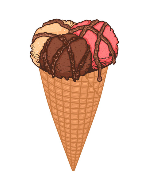 Three scoops of ice cream with chocolate sauce in waffle cone. Hand drawn doodle - Vektori, kuva