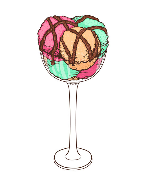 Three scoops of ice cream with chocolate sauce in tall glass. Hand drawn doodle - Vektori, kuva