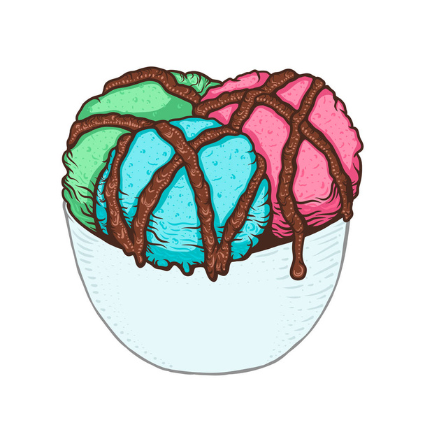 Three scoops of ice cream with chocolate sauce in a cup. Hand drawn doodle - Διάνυσμα, εικόνα