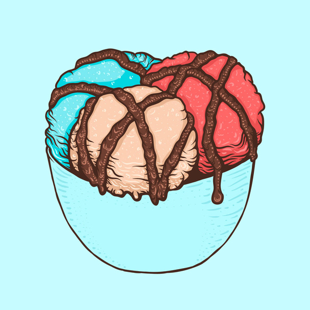 Three scoops of ice cream with chocolate sauce in a cup. Hand drawn doodle - Vektori, kuva