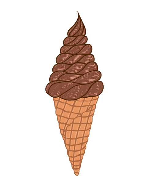 Soft chocolate ice cream in a waffle cone. Hand drawn doodle illustration - Διάνυσμα, εικόνα