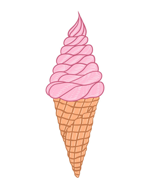 Soft pink ice cream in a waffle cone. Hand drawn doodle illustration - Διάνυσμα, εικόνα