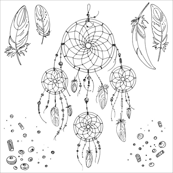 Set of ornaments, feathers and beads - Вектор,изображение