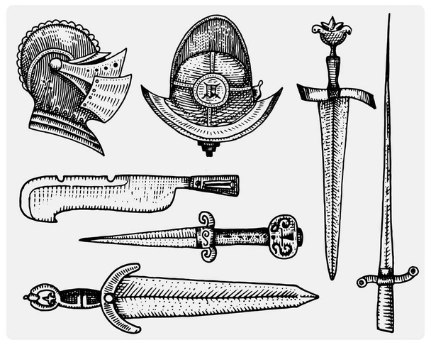 middeleeuwse symbolen, helm en zwaarden, mes vintage, gegraveerde hand getrokken schets of hout snijden stijl, oude realistische vectorillustratie op zoek retro, geïsoleerd. - Vector, afbeelding
