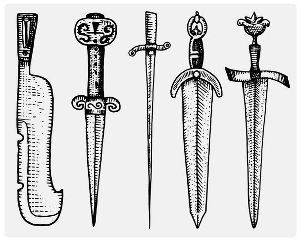 medieval symbols big set of swords, knife and mace vintage, engraved hand drawn in sketch or wood cut style, old looking retro, isolated vector realistic illustration, heraldic. - Vector, Image