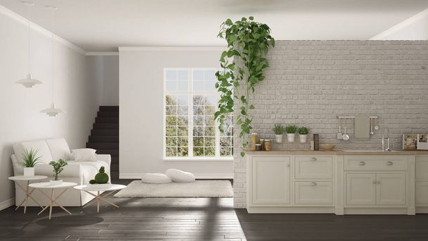 Scandinavisch wit en grijs minimalistisch wonen met keuken, open - Foto, afbeelding