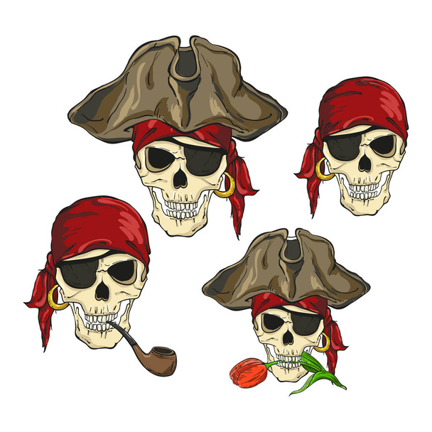 Cztery czaszki piratów, izolowana na białym tle - Wektor, obraz