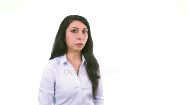 Geschäftsfrau zeigt Stoppschild, warum Handschrift hinterfragen - Filmmaterial, Video