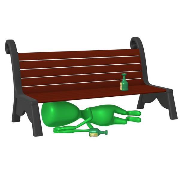 Ver marioneta verde borracha durmiendo bajo el banco
 - Foto, imagen