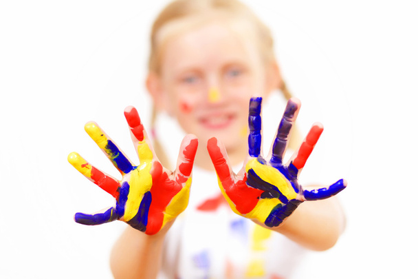 Happy child with paint on the hands - Fotó, kép
