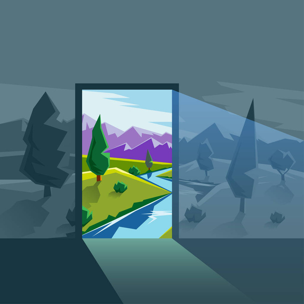 A porta para o mundo real. Ilustração de paisagem de estilo plano com vale, montanhas e rio. Mudança de estações e tempo
. - Vetor, Imagem
