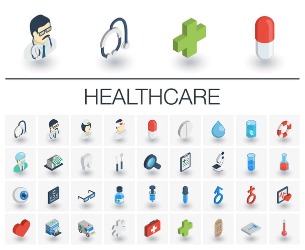 Geneeskunde en gezondheidszorg isometrisch icons - Vector, afbeelding