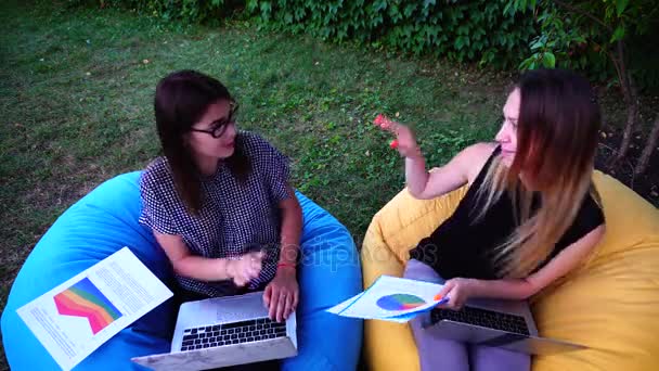 Portret van twee vrouwelijke webdesigners die het ontwerpen van webinterfaces voor Sites zitten in buiten Park in Park tijdens dag. - Video