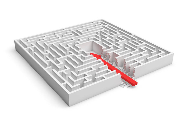 3d rendering of a square maze with a red arrow borrowing to the center isolated on white background - Foto, Bild