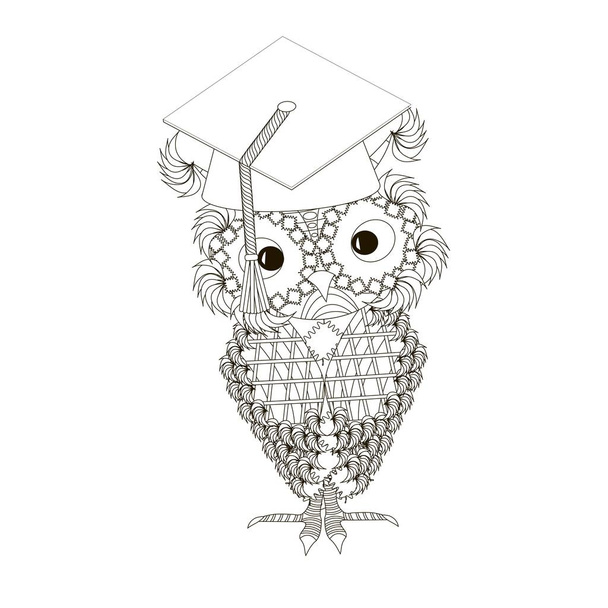Стилизованная монохромная сова в студенческом колпаке, рисунок в стиле антистрессового инвентаря
 - Вектор,изображение