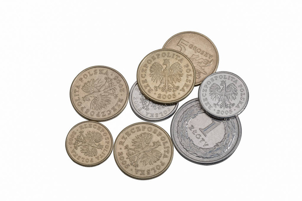 Πολωνικό ζλότυ νομίσματα χρήματα απομονωθεί σε λευκό, κοντινό πλάνο - Φωτογραφία, εικόνα