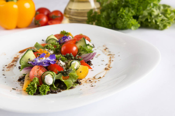Greek salad fresh vegetables with feta cheese and grated black o - Zdjęcie, obraz