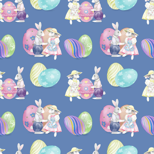 Seamless Watercolor Easter Bunnies Pattern - Фото, изображение