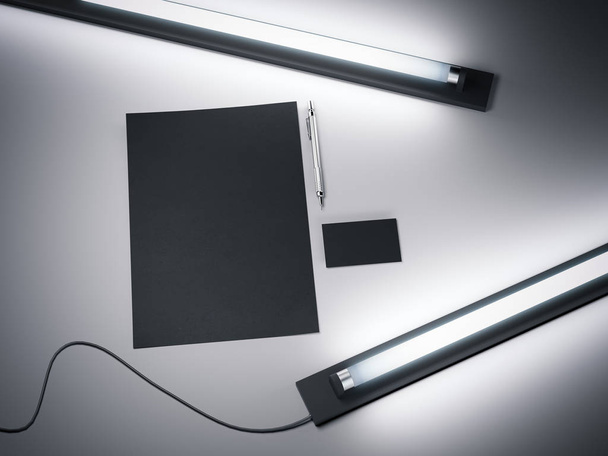 Black branding mockup and fluorescent lamps. 3d rendering - Photo, image