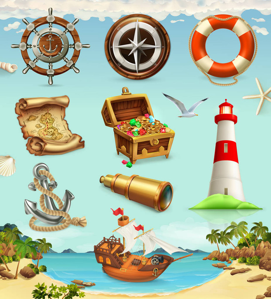 Marine set, summer vacation 3d vector icons - Вектор,изображение