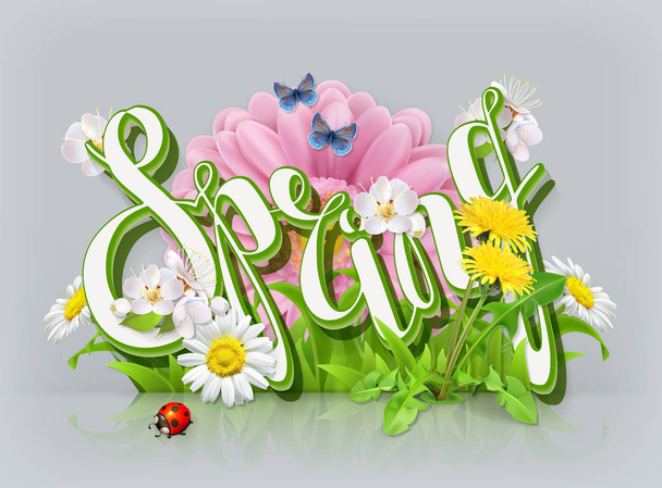 Άνοιξη γράμματα. Χλόη και λουλούδια. 3D εικόνα διάνυσμα - Διάνυσμα, εικόνα