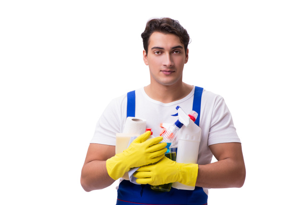 Homme avec des agents nettoyants isolés sur fond blanc
 - Photo, image