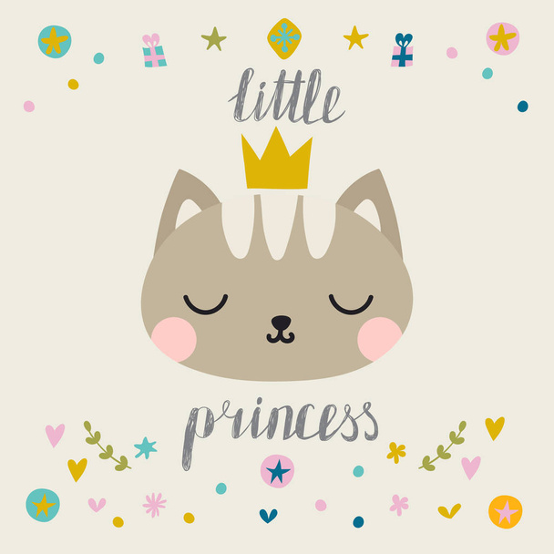 Küçük Prenses. Taç ile şirin küçük kedi. Moda kedicik. Çocukça kartpostal - Vektör, Görsel